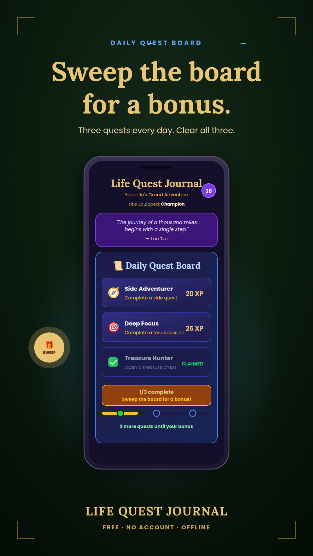 Daily Quest Board with sweep bonus